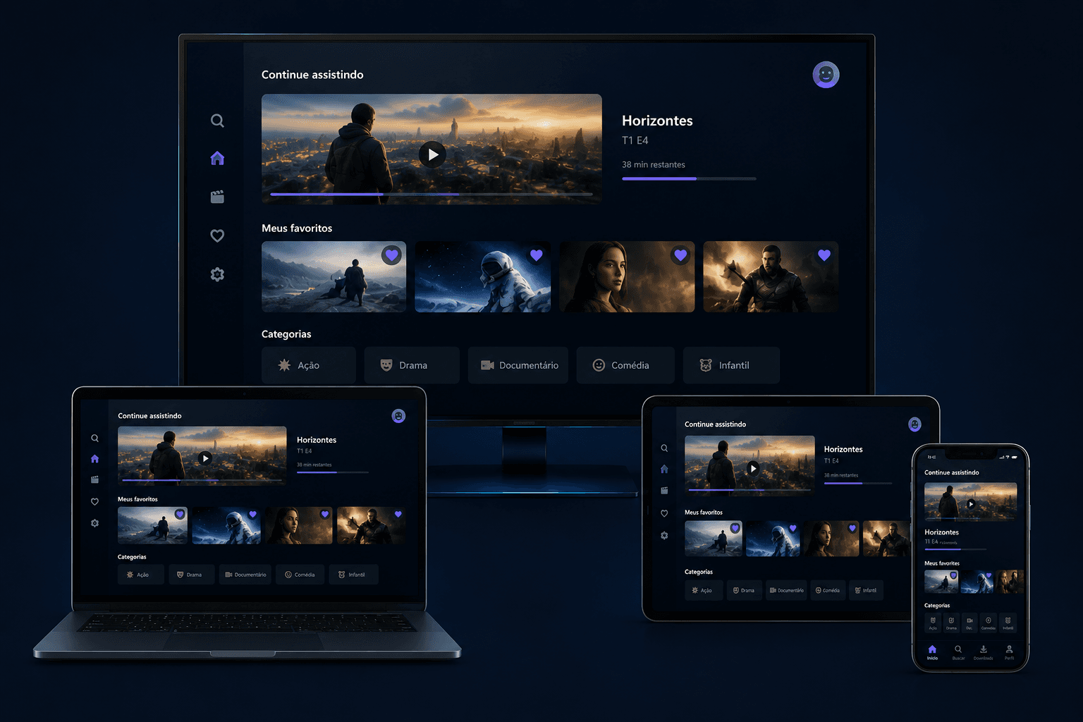 Interface em múltiplos dispositivos com reprodução contínua e catálogo organizado
